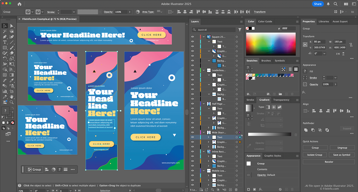 اسکرین‌شات نرم‌افزار ایلاستریتور در حال ویرایش وکتور با لایه‌های psd ایمپورت‌شده